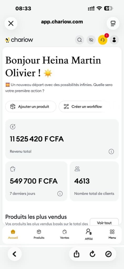 Chariow - Tableau de bord global